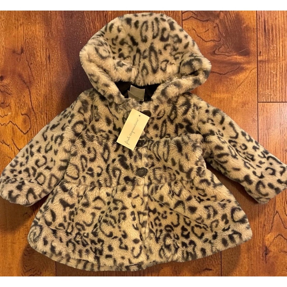 First Impressions Macy's Leopard Print Faux Fur  Plush Jacket 6-9 Mo NWT Hood